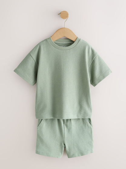 Blue/Green/Neutral Textured Short Sleeve T-Shirt and Shorts Set 3 Pack (3mths-7yrs)