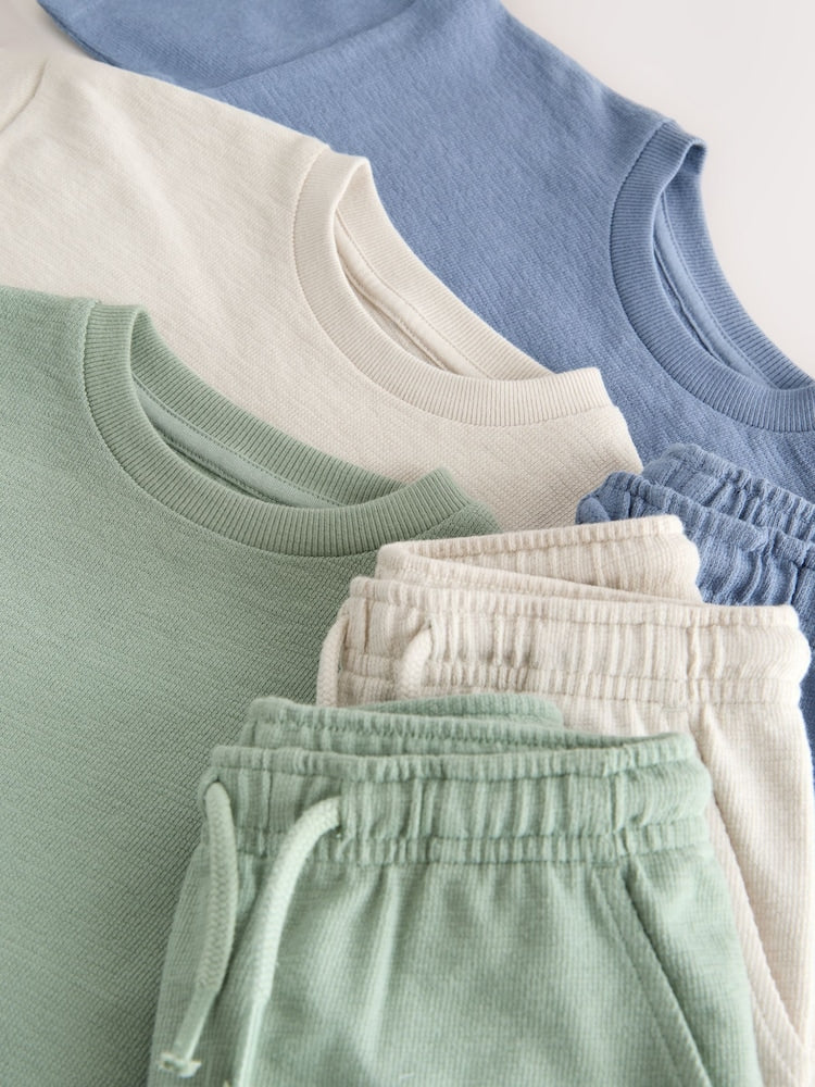 Blue/Green/Neutral Textured Short Sleeve T-Shirt and Shorts Set 3 Pack (3mths-7yrs)