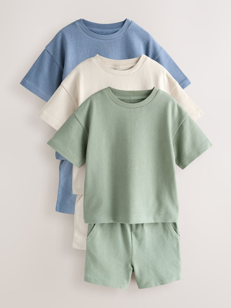 Blue/Green/Neutral Textured Short Sleeve T-Shirt and Shorts Set 3 Pack (3mths-7yrs)