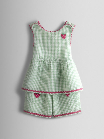 JoJo Maman Bébé Green Gingham Strawberry Cross Back Appliqué Top &amp; Short Set - 12-18 Months (80-86cm)