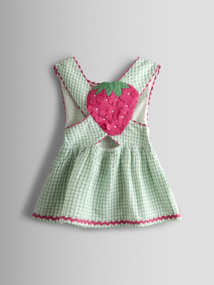 JoJo Maman Bébé Green Gingham Strawberry Cross Back Appliqué Top &amp; Short Set