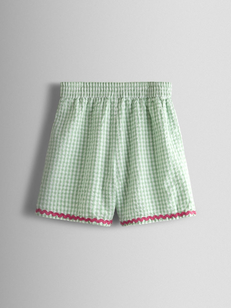 JoJo Maman Bébé Green Gingham Strawberry Cross Back Appliqué Top &amp; Short Set