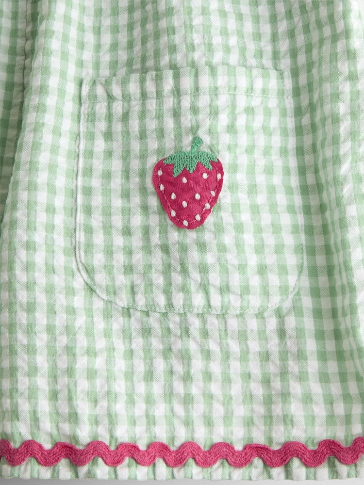 JoJo Maman Bébé Green Gingham Strawberry Cross Back Appliqué Top &amp; Short Set