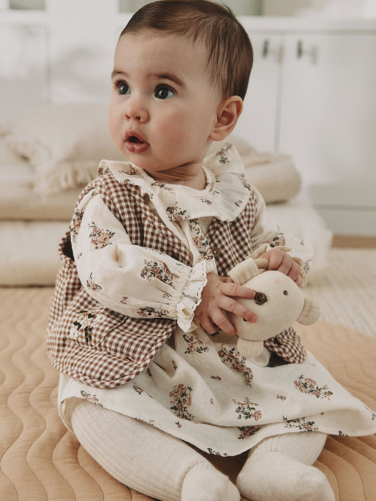 Ecru Floral Woven Baby Dress, Gilet And Tights 3 Piece Set (0mths-2yrs) - Up to 1 Month (50-56cm)