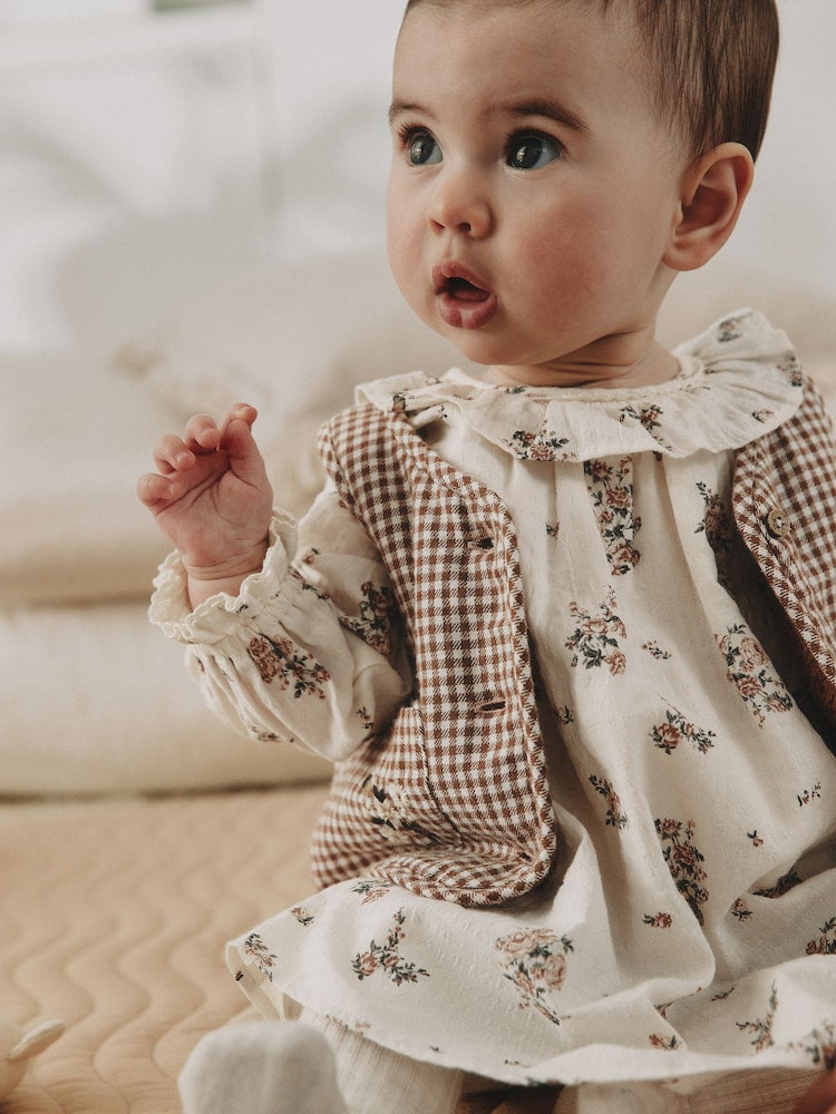 Ecru Floral Woven Baby Dress, Gilet And Tights 3 Piece Set (0mths-2yrs)