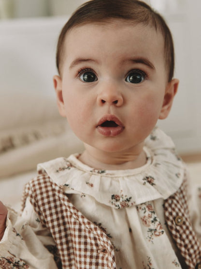 Ecru Floral Woven Baby Dress, Gilet And Tights 3 Piece Set (0mths-2yrs)