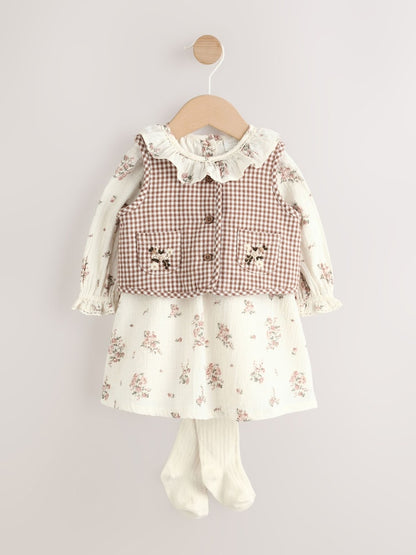 Ecru Floral Woven Baby Dress, Gilet And Tights 3 Piece Set (0mths-2yrs)