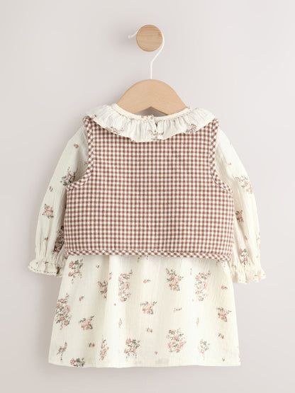 Ecru Floral Woven Baby Dress, Gilet And Tights 3 Piece Set (0mths-2yrs)