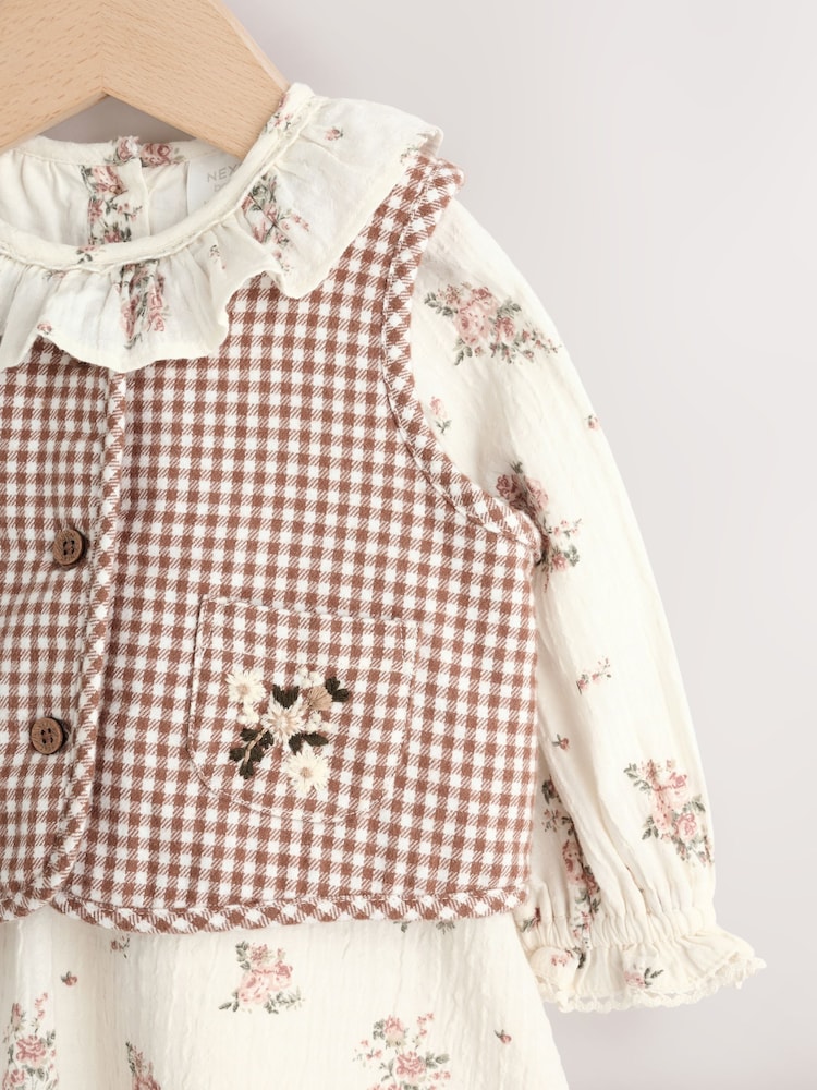 Ecru Floral Woven Baby Dress, Gilet And Tights 3 Piece Set (0mths-2yrs)