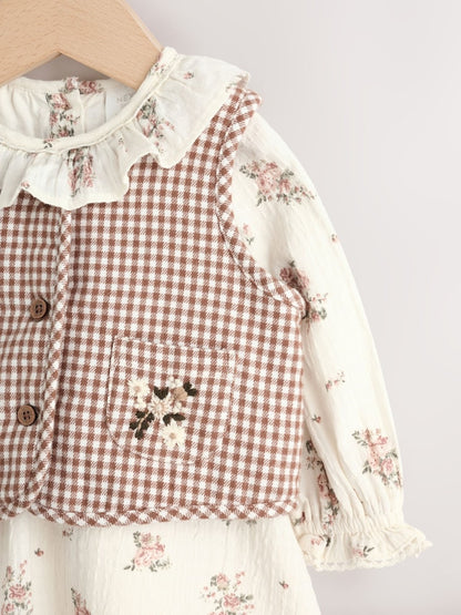 Ecru Floral Woven Baby Dress, Gilet And Tights 3 Piece Set (0mths-2yrs)