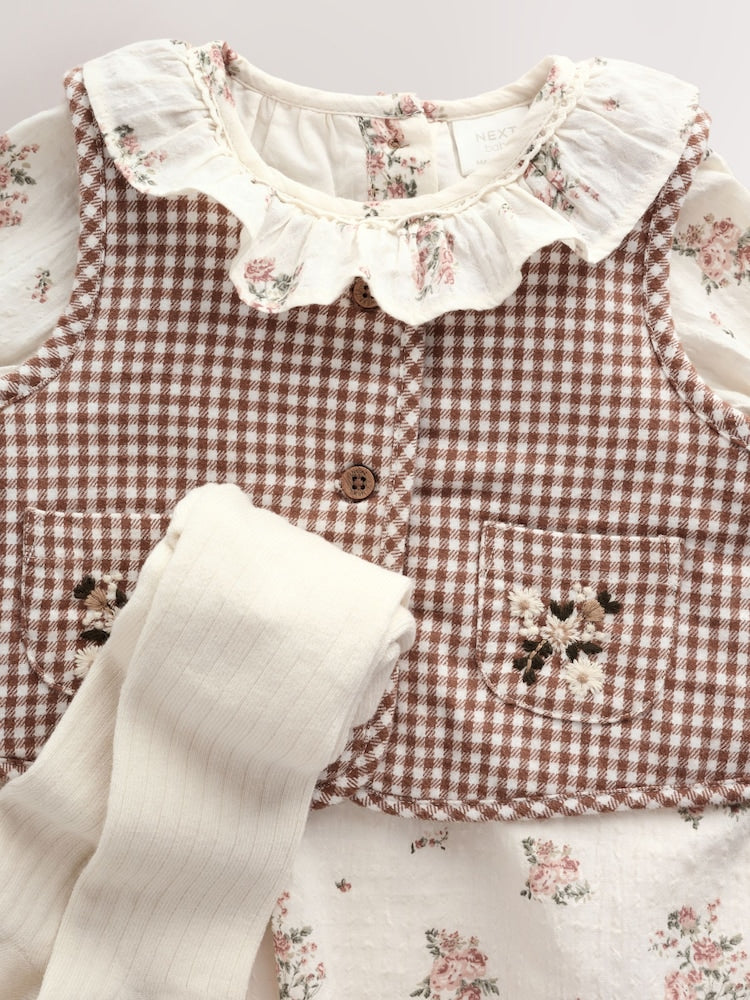 Ecru Floral Woven Baby Dress, Gilet And Tights 3 Piece Set (0mths-2yrs)