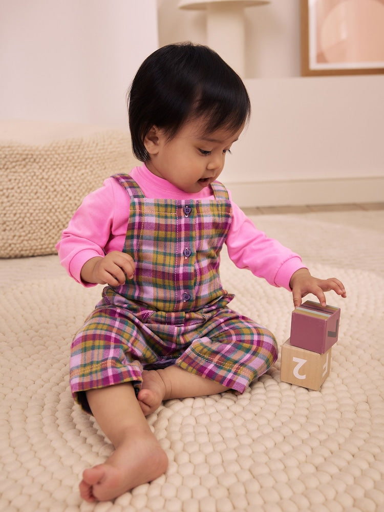 Green Check Baby Long Sleeve Bodysuit And Woven Dungaree 2 Piece Set (0mths-2yrs) - Green Check / Up to 1 Month (50-56cm)