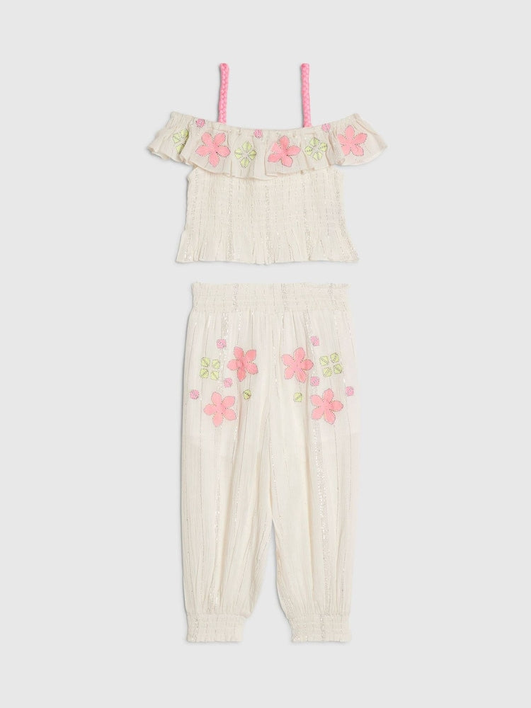River Island Cream Neon Embrodierred Frill Top &amp; Hareem Jogger Set - Size 12-18 Months (80-86cm) - River Island Cream Neon Embrodierred Frill