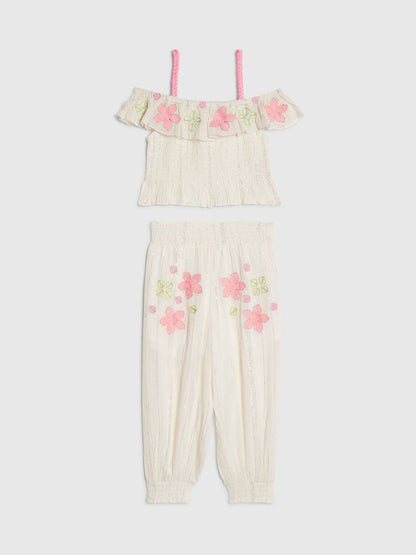 River Island Cream Neon Embrodierred Frill Top &amp; Hareem Jogger Set - Size 12-18 Months (80-86cm) - River Island Cream Neon Embrodierred Frill
