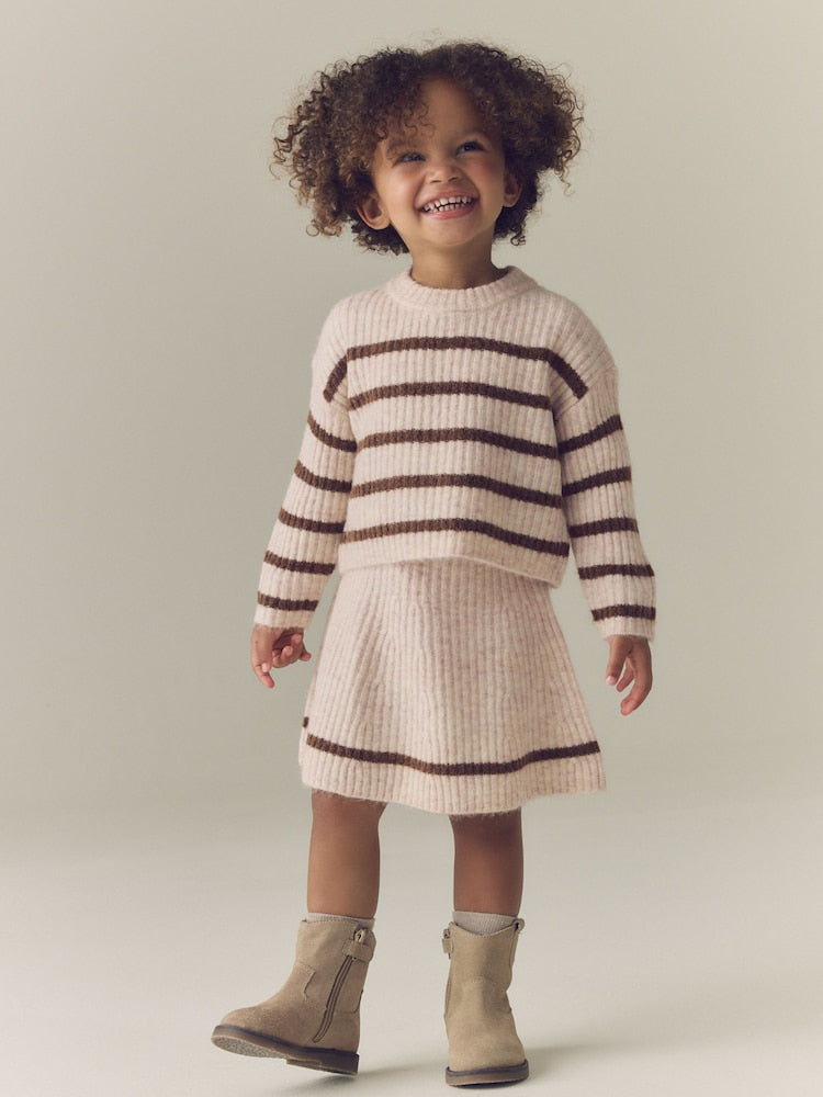 Ecru and Chocolate Stripe Rib Skirt Set (3mths-7yrs) - Ecru and Chocolate / 12 - 18 Months (80 - 86cm)