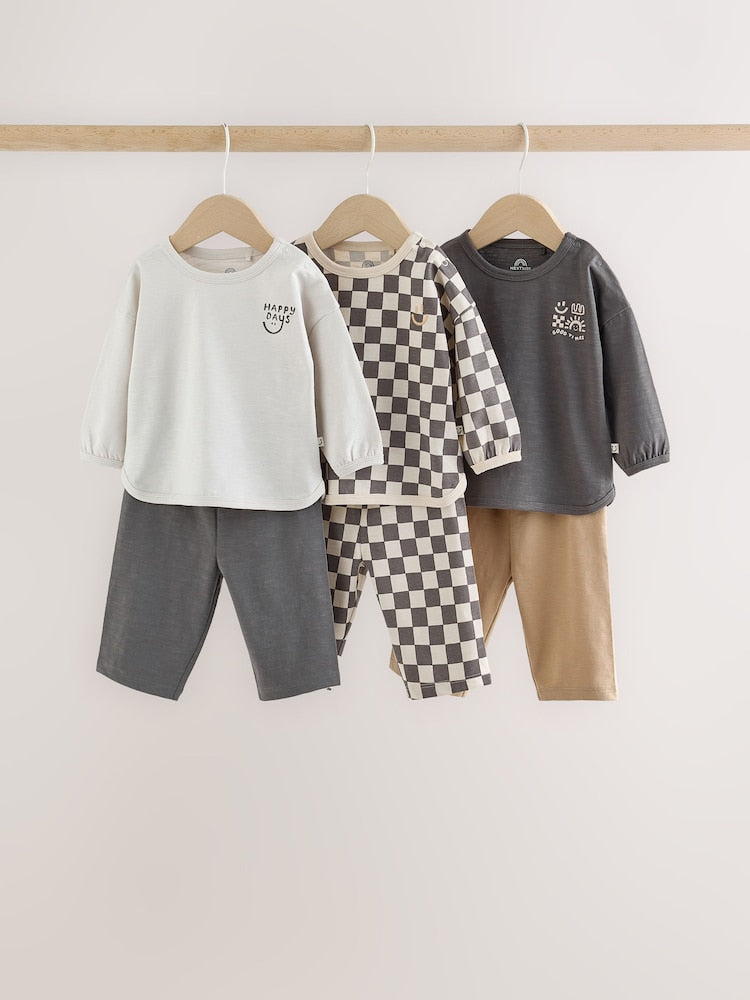 Grey/Neutral Checkerboard Baby Top and Wide Leg Leggings Set 6 Piece (0mths-2yrs) - Grey/Neutral Checkerboard / 12 - 18 Months (80 - 86cm)