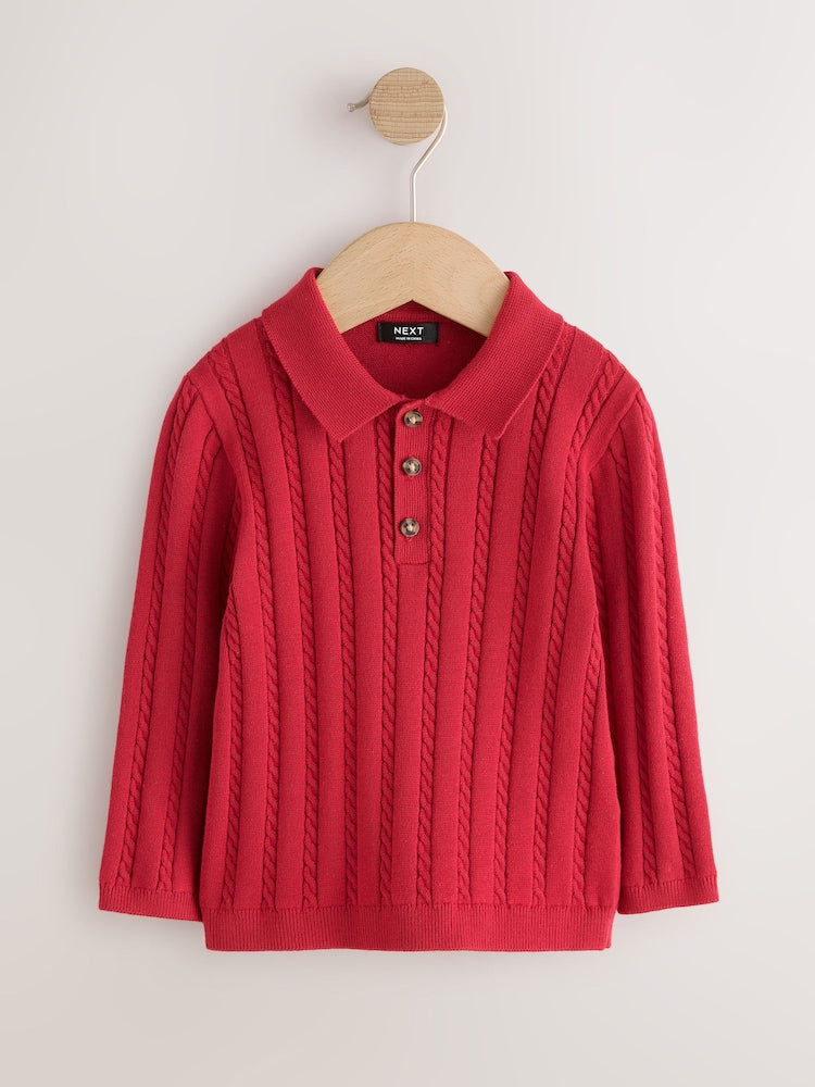 Red Cable Knit Polo Shirt (3mths-7yrs) - Red / 12-18 Months (80-86cm)