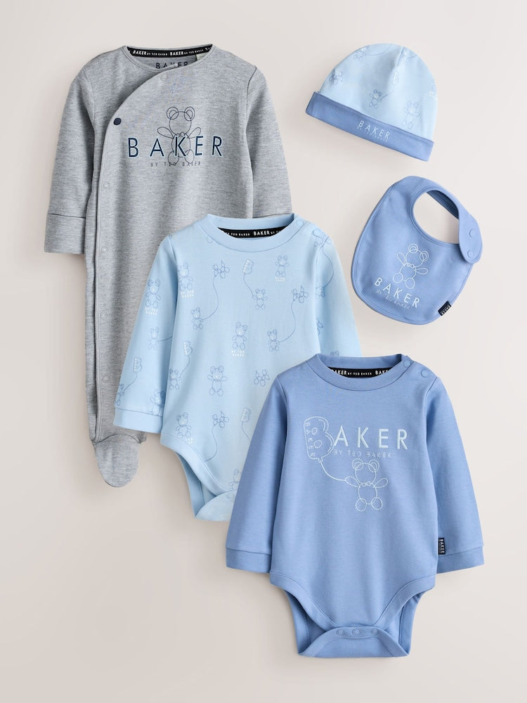 Baker by Ted Baker Blue 5 Piece Sleepsuit, Bodysuit, Hat and Bib Set