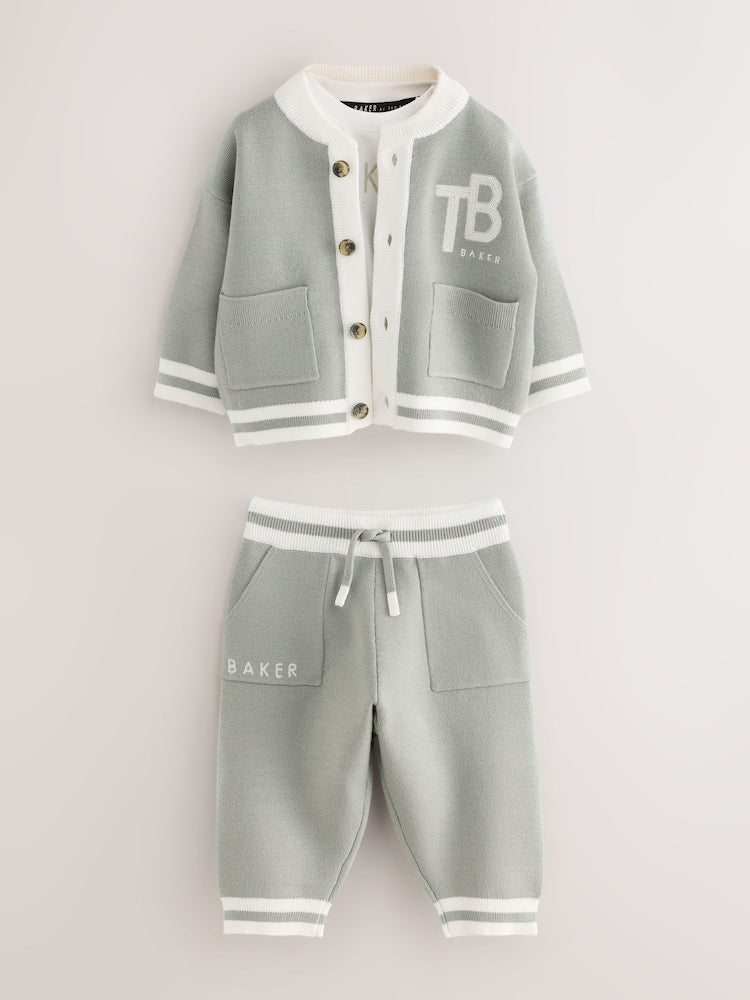 Baker by Ted Baker Green 3 Piece Knitted Varsity Cardigan T-Shirt and Joggers Set 3 Piece - Size Up To 3 Months (50 - 62cm)