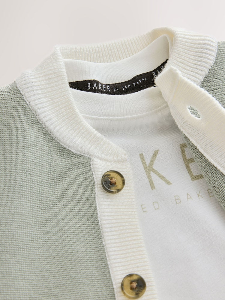 Baker by Ted Baker Green 3 Piece Knitted Varsity Cardigan T-Shirt and Joggers Set 3 Piece