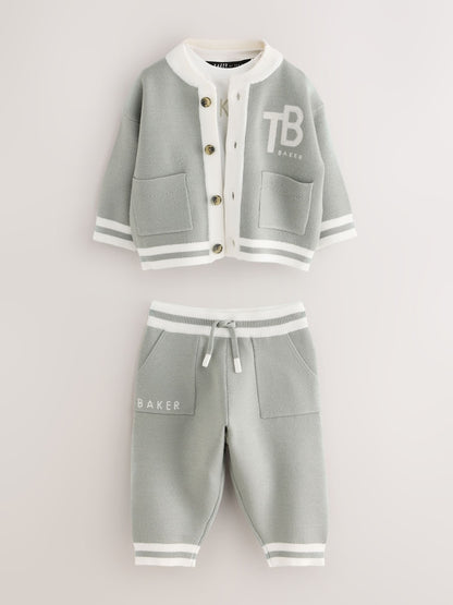Baker by Ted Baker Green 3 Piece Knitted Varsity Cardigan T-Shirt and Joggers Set 3 Piece