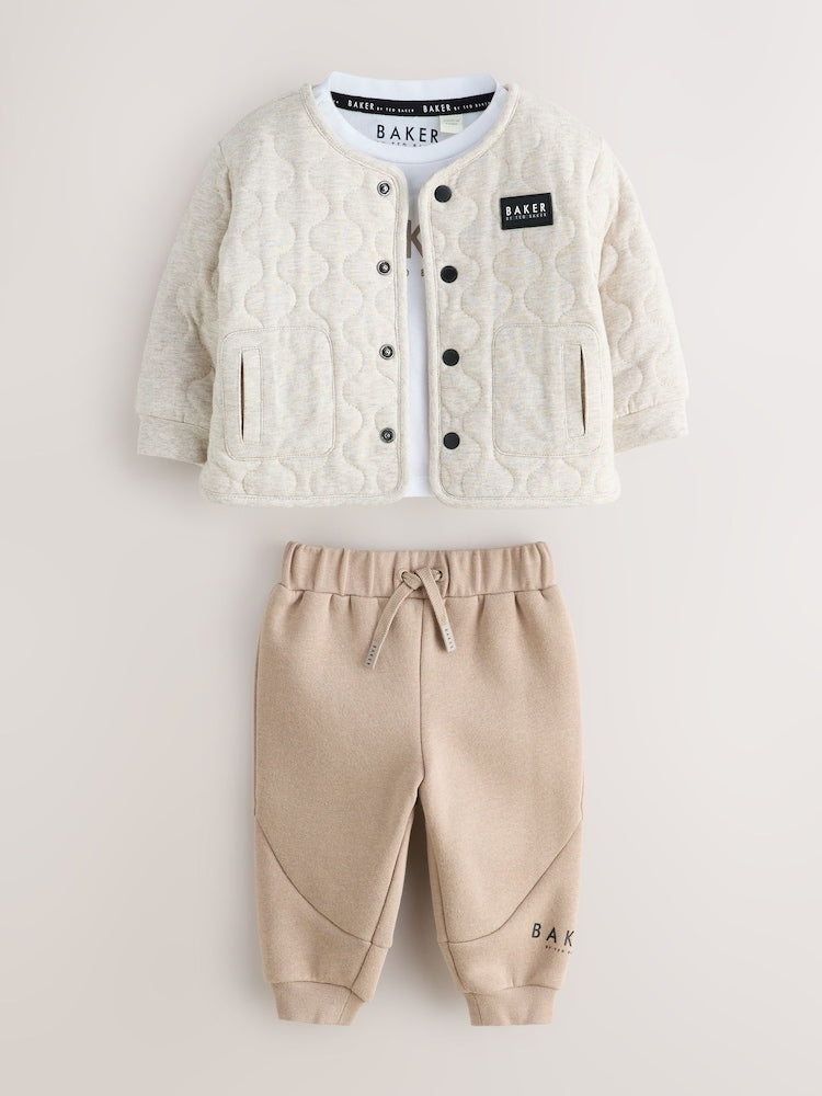 Baker by Ted Baker Stone 3 Piece Quilted Jacket, T-Shirt and Joggers Set - Size Newborn