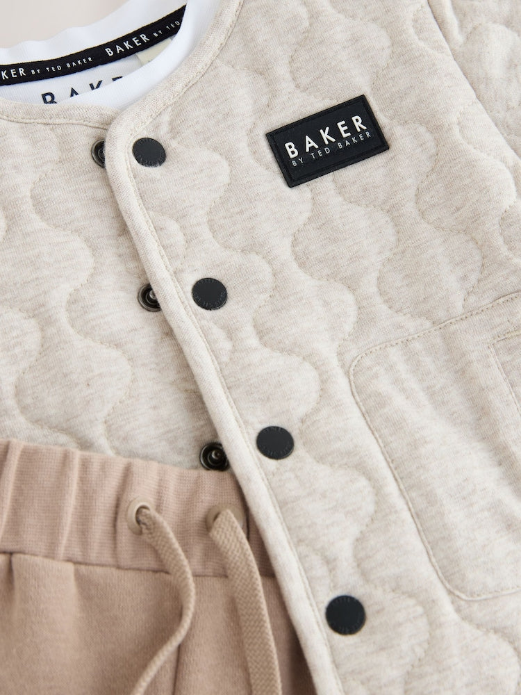 Baker by Ted Baker Stone 3 Piece Quilted Jacket, T-Shirt and Joggers Set - Size Newborn