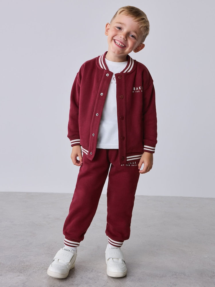 Baker by Ted Baker Burgundy Red 3 Piece Varsity Jacket T-Shirt and Joggers Set