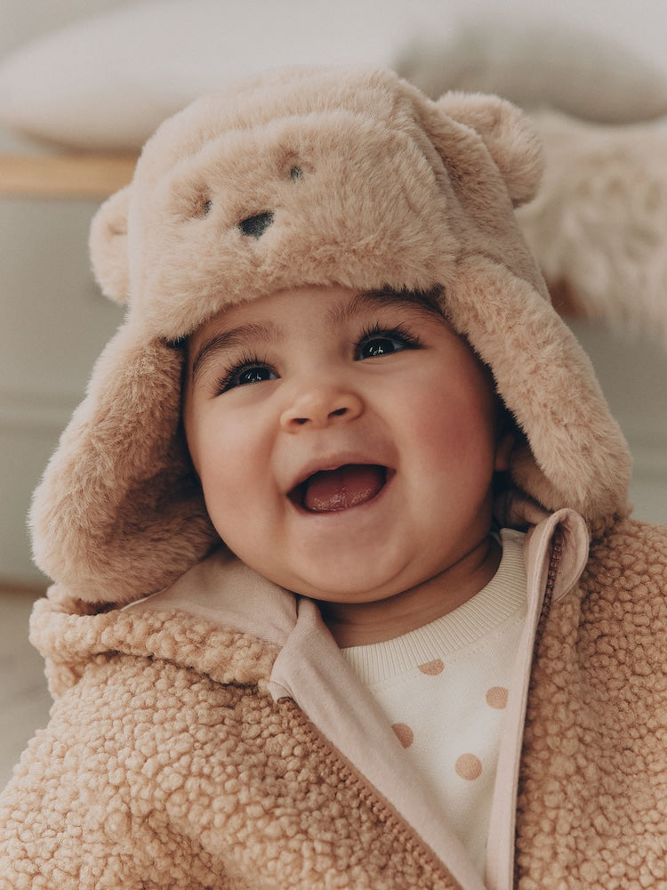 Brown Beige Faux Fur Bear Faced Baby Trapper Hat - Up to 1 Month (50-56cm)