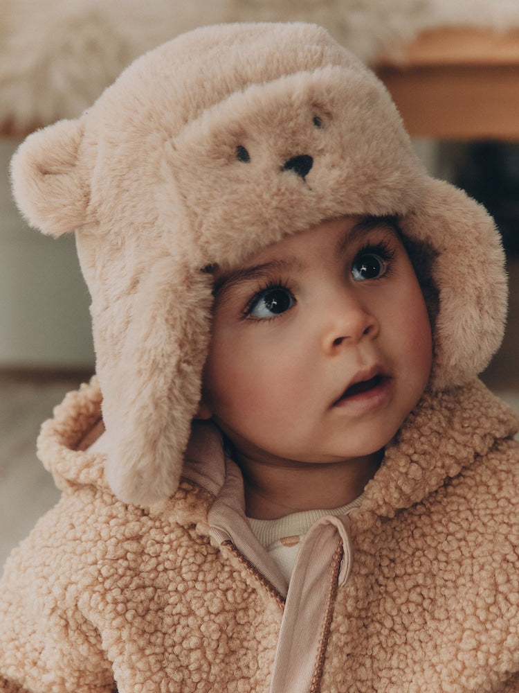 Brown Beige Faux Fur Bear Faced Baby Trapper Hat