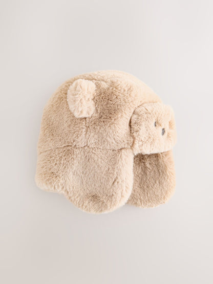 Brown Beige Faux Fur Bear Faced Baby Trapper Hat