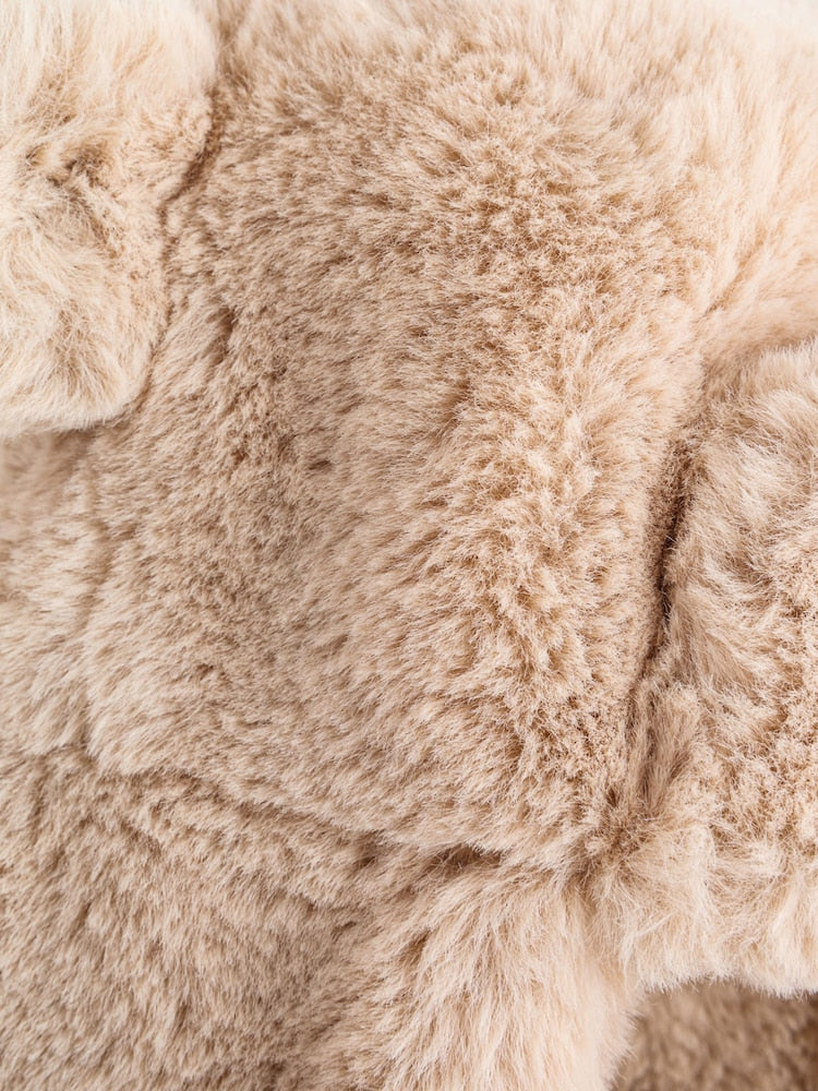 Brown Beige Faux Fur Bear Faced Baby Trapper Hat