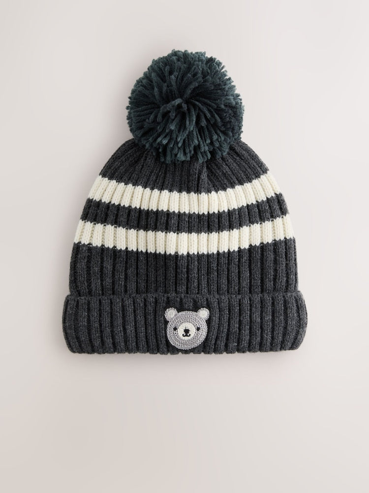 White/Black Knitted Pom Hat (3mths-10yrs) - White/Black / 7 - 10 Years (122 - 140cm)