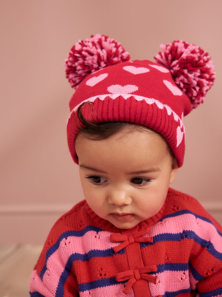 Red/Pink Heart Knitted Double Pom Baby Beanie - Red/Pink Heart Knitted / Up to 1 Month (50-56cm)