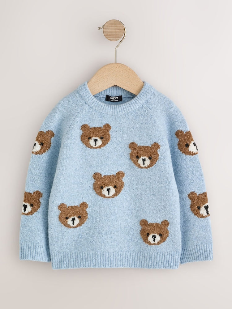 Light Blue Bear All Over Character Knitted Crew Neck Jumper (3mths-7yrs) - Light Blue Bear / 12-18 Months (80-86cm)