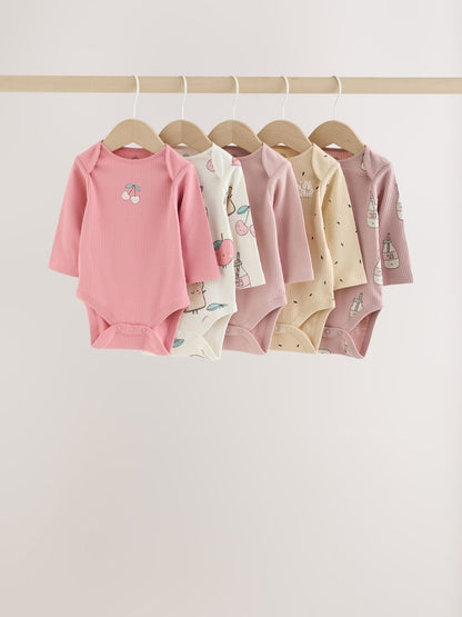 Pink/Cream Brunch Long Sleeve Baby Bodysuits 5 Pack - Pink/Cream Brunch / 12 - 18 Months (80 - 86cm)