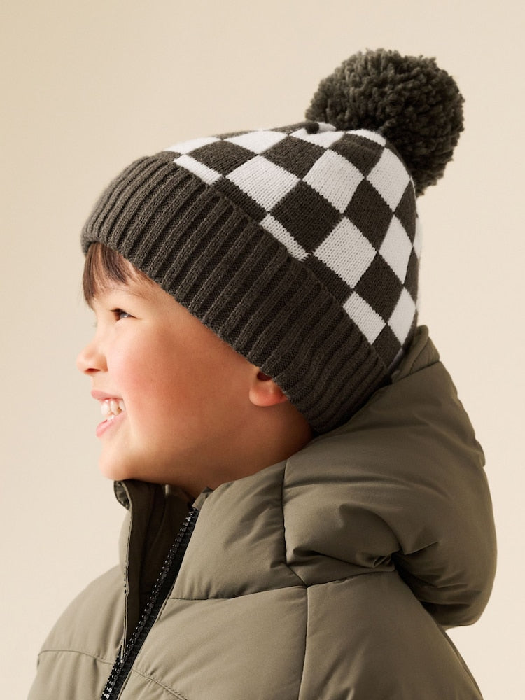 Green/Ecru Embroidered Pom Beanie (3mths-16yrs) - Green/Ecru / 7 - 10 Years (122 - 140cm)