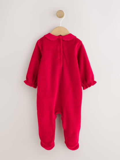 Cherry Red Velour Collared Baby Sleepsuit (0mths-3yrs)