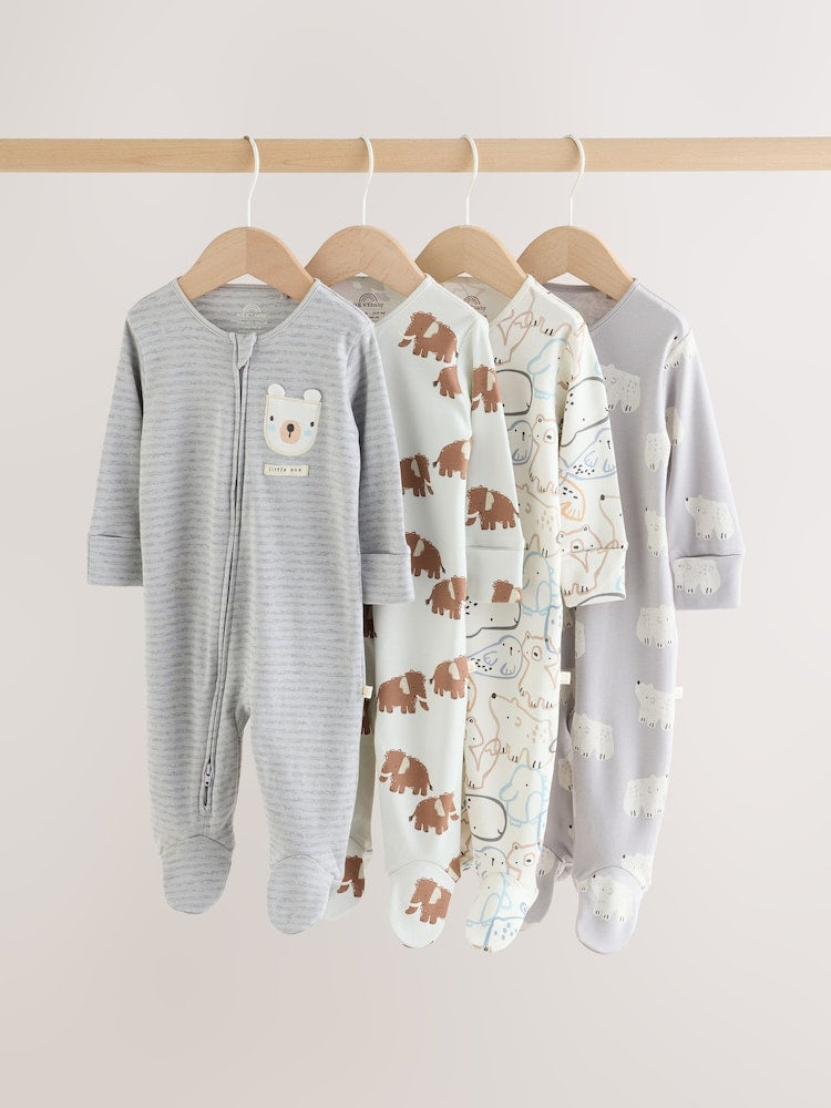 Grey Winter Animals Two Way Zip Sleepsuits 4 Pack - Grey Winter Animals / 12 - 18 Months (80 - 86cm)