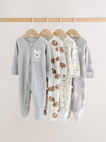 Grey Winter Animals Two Way Zip Sleepsuits 4 Pack - Grey Winter Animals / 12 - 18 Months (80 - 86cm)