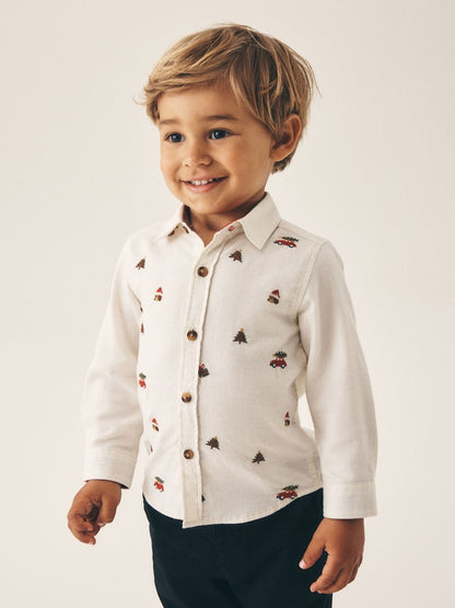 Ecru Long Sleeve All Over Embroidery Christmas Shirt (3mths-10yrs) - Ecru / 12-18 Months (80-86cm)