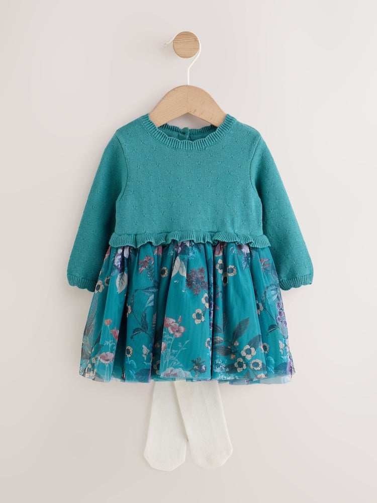 Teal Floral Twofer Knit &amp; Mesh Baby Dress &amp; Tights Set 2 Piece (0mths-2yrs) - Teal Floral / 12 - 18 Months (80 - 86cm)