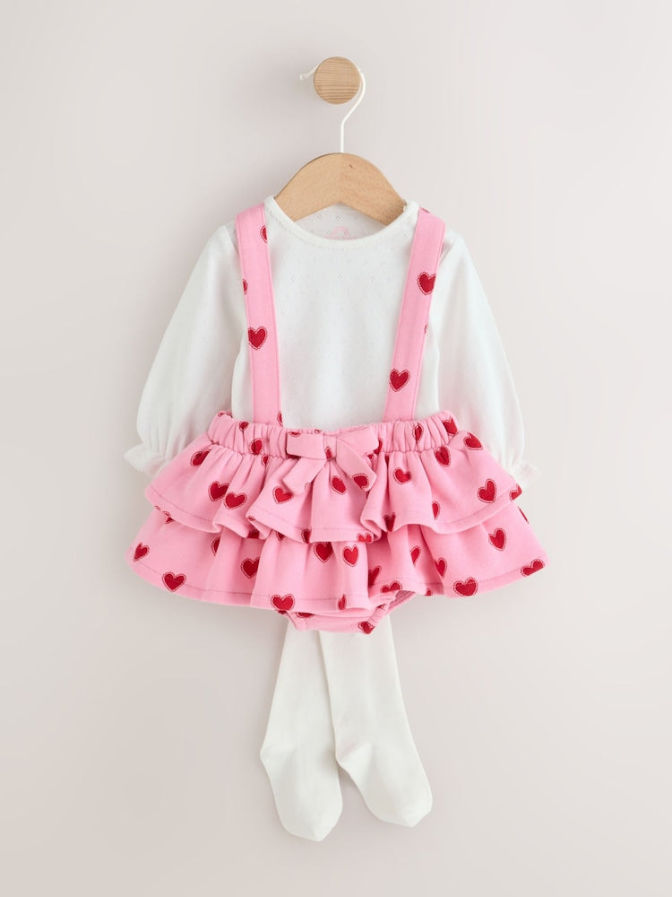 Pink Heart Baby Long Sleeve Bodysuit Bubble Skirt And Tights Set 3 Piece (0mths-2yrs) - Pink Heart / 12 - 18 Months (80 - 86cm)