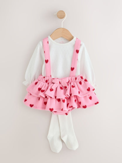 Pink Heart Baby Long Sleeve Bodysuit Bubble Skirt And Tights Set 3 Piece (0mths-2yrs) - Pink Heart / 12 - 18 Months (80 - 86cm)