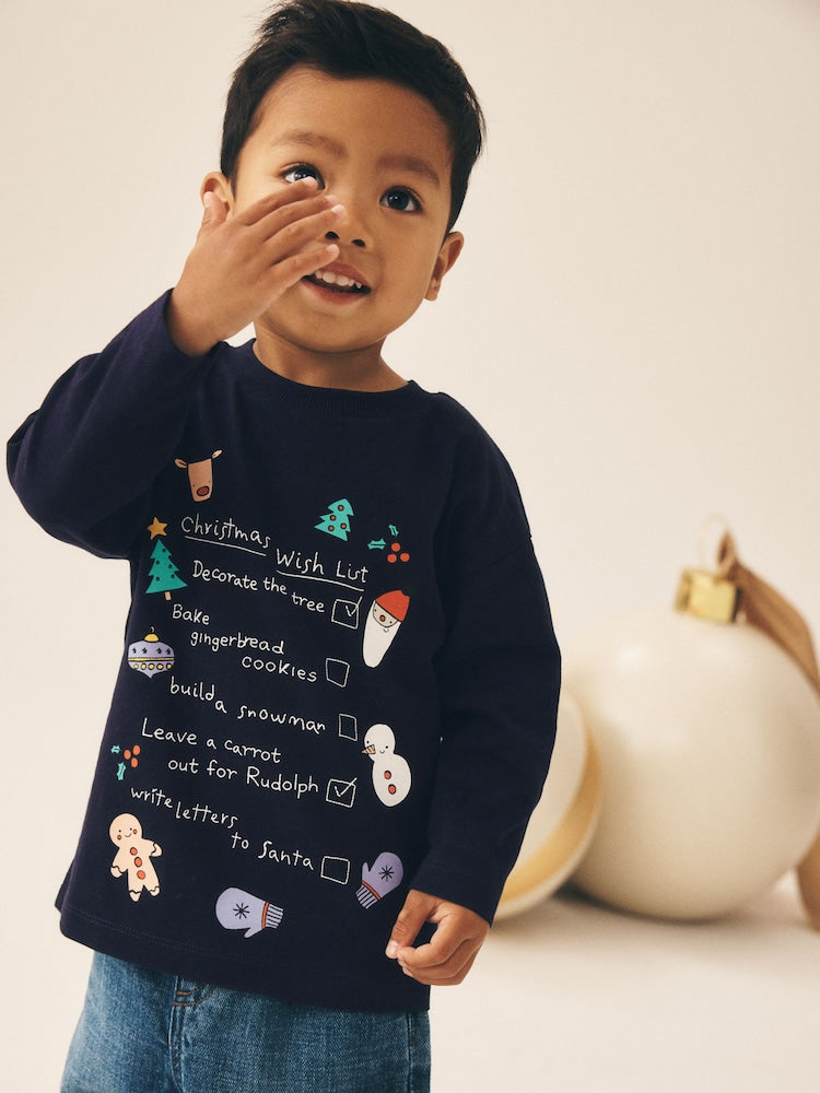 Navy Christmas Wish List Long Sleeve Christmas T-Shirt (3mths-7yrs) - Navy Christmas Wish List Long Sleeve Christmas / 12-18 Months (80-86cm)