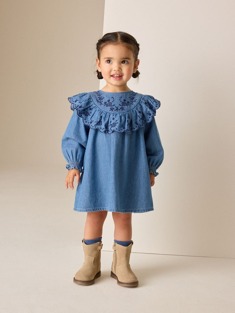Denim Blue Long Sleeve Embroidered Denim Dress (3mths-10yrs) - Denim Blue Long Sleeve Embroidered Denim / 12-18 Months (80-86cm)
