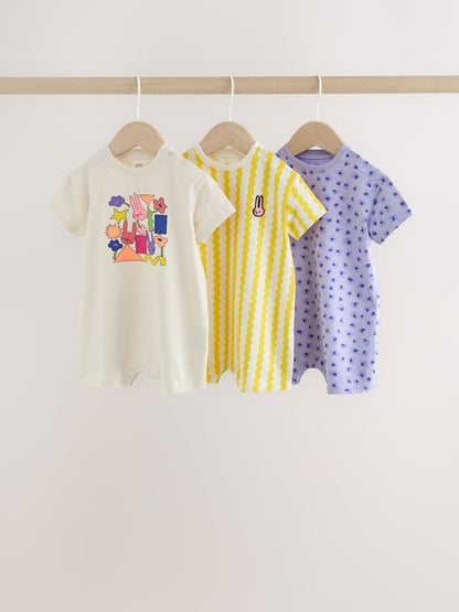 Back Printed Button Through Baby Rompers 3 Pack - Up to 1 Month (50-56cm)