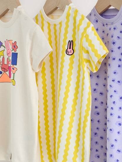 Back Printed Button Through Baby Rompers 3 Pack
