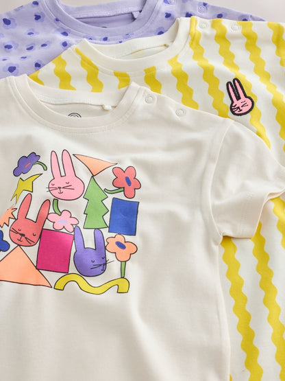 Back Printed Button Through Baby Rompers 3 Pack