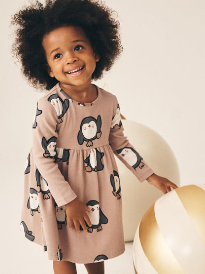 Neutral Penguin Long Sleeve Ribbed Dress (3mths-7yrs)